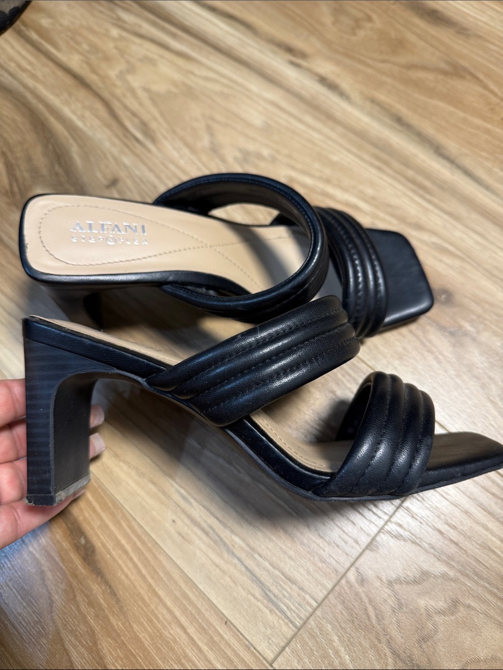 Alfani Black Quilted Strap Block Heel Mules